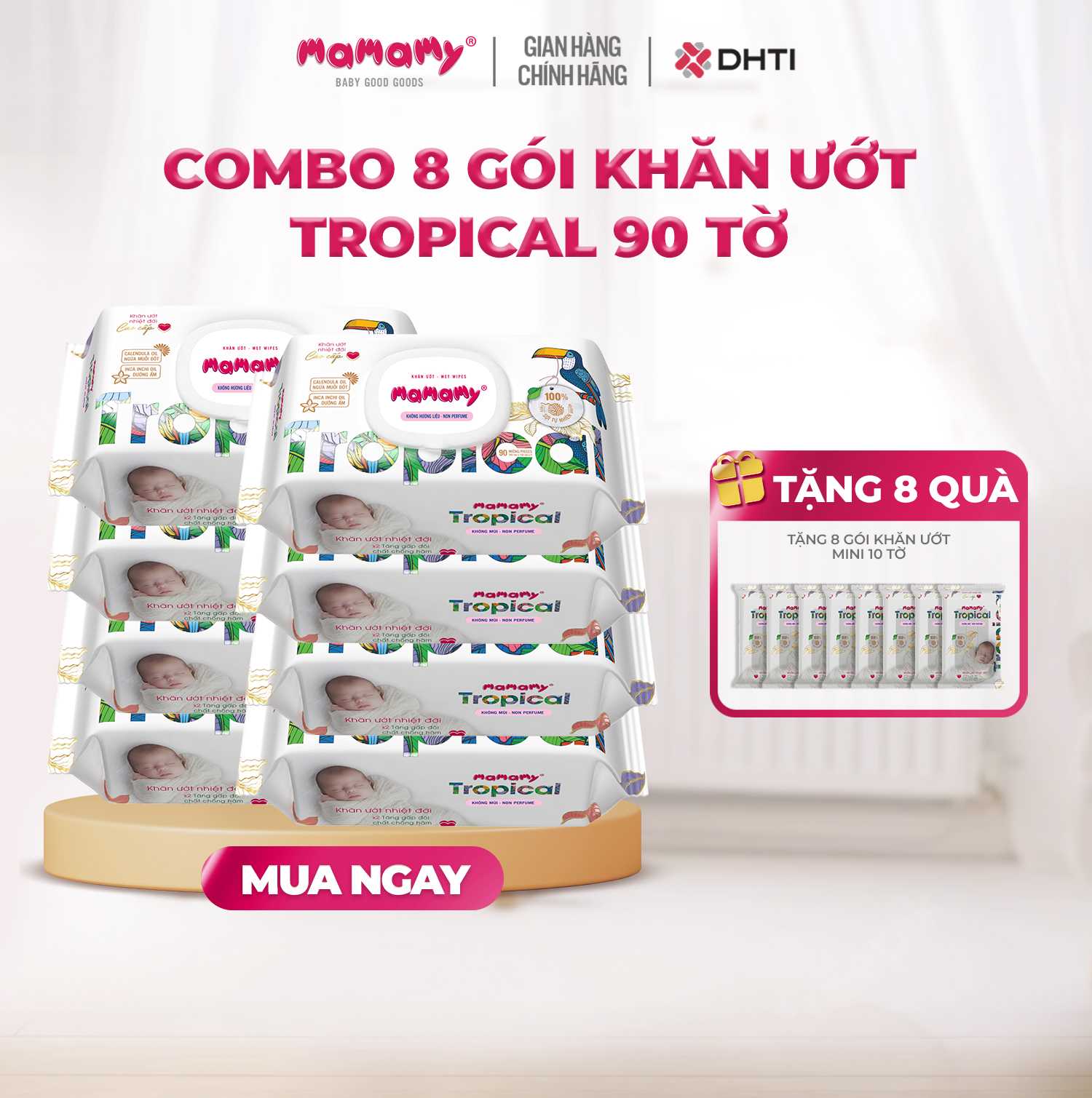 [MUA 8 TẶNG 8] MUA 8 gói khăn ướt Mamamy Tropical 90 tờ TẶNG 8 gói khăn ướt Mamamy Tropical mini 10 tờ