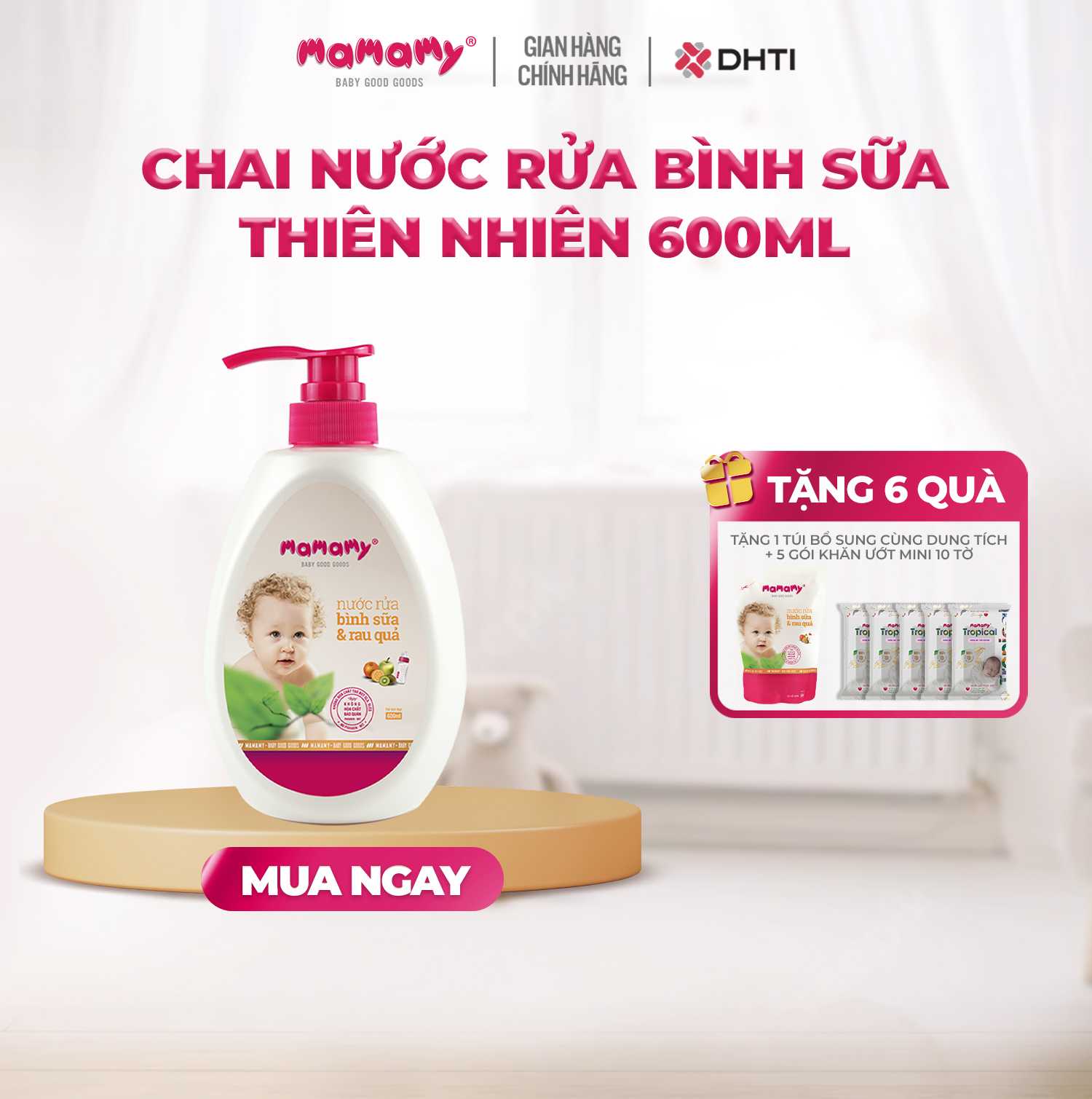 [MUA 1 TẶNG 6] MUA 1 chai nước rửa bình sữa & rau quả Mamamy 600ml TẶNG 1 túi bổ sung 600ml + 5 gói khăn ướt mini Tropical 10 tờ không hương thơm
