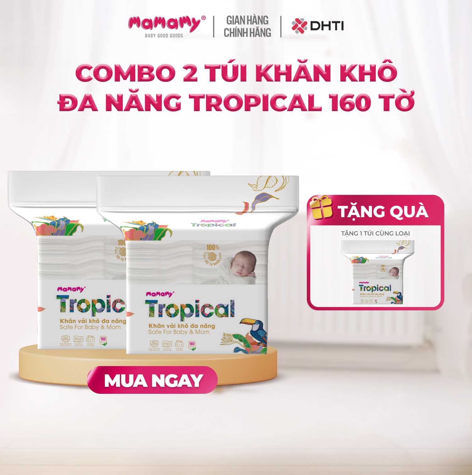 [MUA 2 TẶNG 1] MUA 2 túi khăn khô đa năng Mamamy Tropical 160 tờ/túi, dành cho mẹ và bé, cao cấp chính hãng, sợi vải thuần tự nhiên và rayon TẶNG 1 túi cùng loại