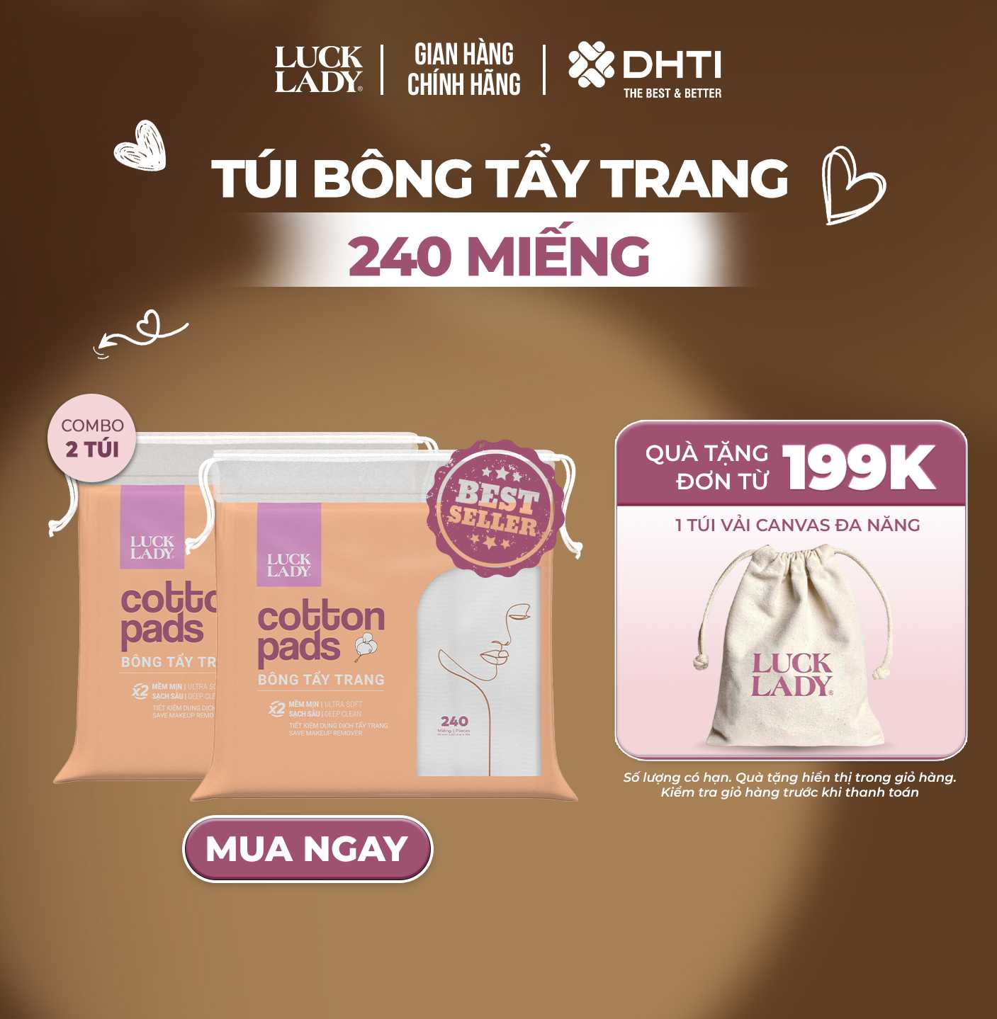 Combo 2 Bông tẩy trang Luck Lady dạng túi rút 240 miếng