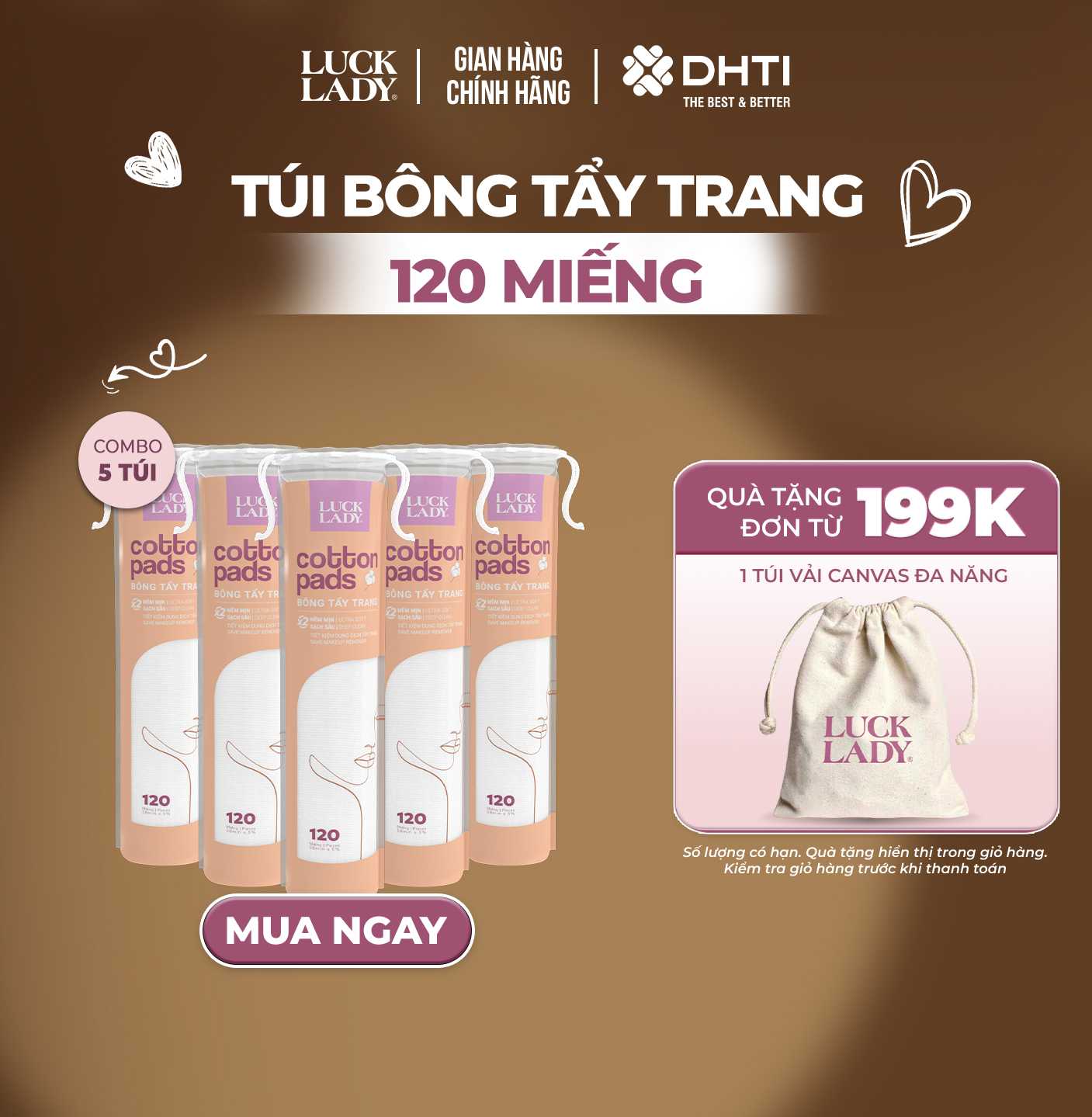 COMBO 5 Bông tẩy trang Luck Lady dạng túi rút 120 miếng