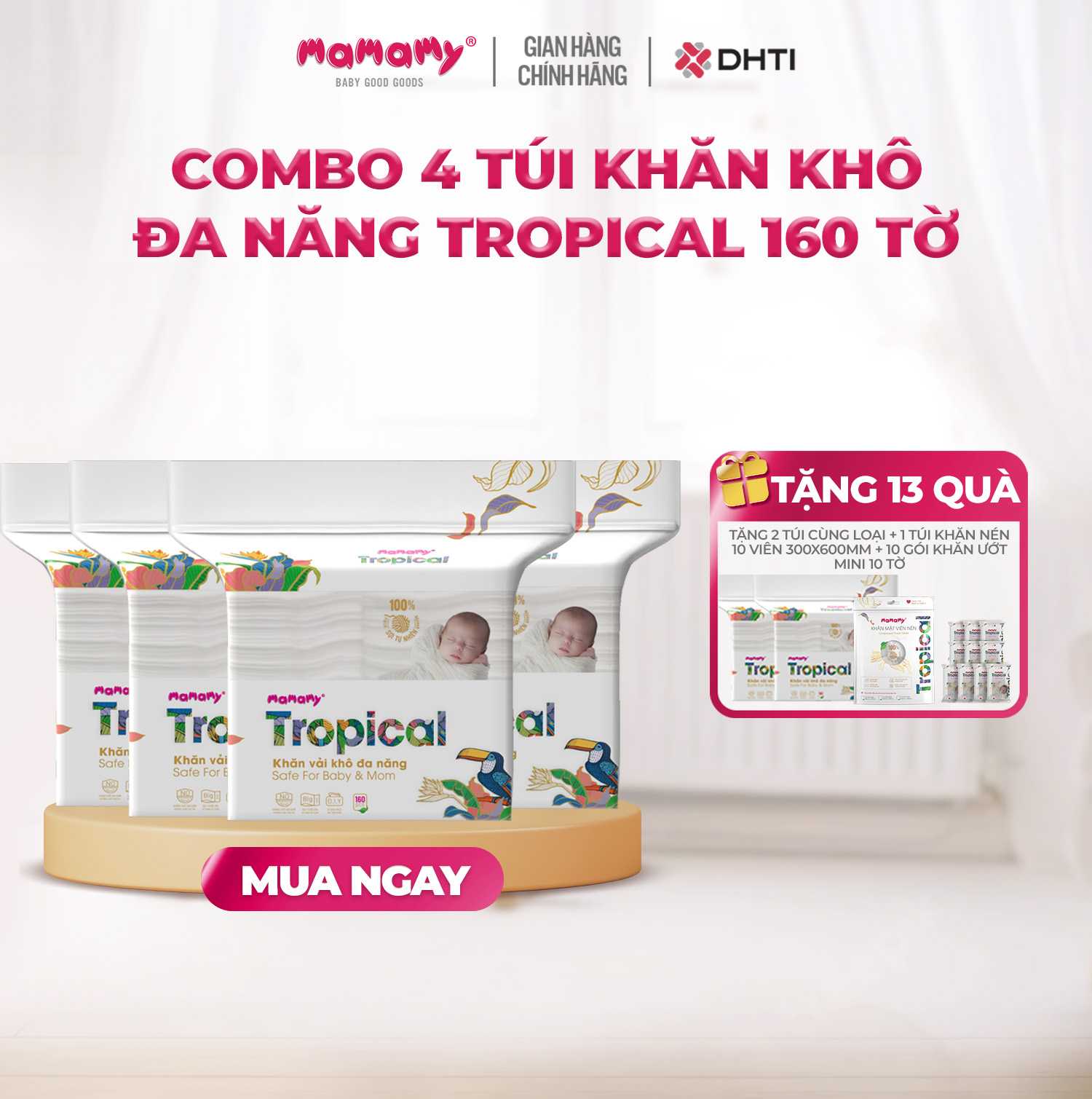 [MUA 4 TẶNG 13] MUA 4 túi khăn khô đa năng Mamamy Tropical 160 tờ TẶNG 2 túi cùng loại + 1 túi 10 viên khăn mặt nén Mamamy Tropical 300x600mm + 10 gói khăn ướt Tropical mini 10 tờ không hương thơm