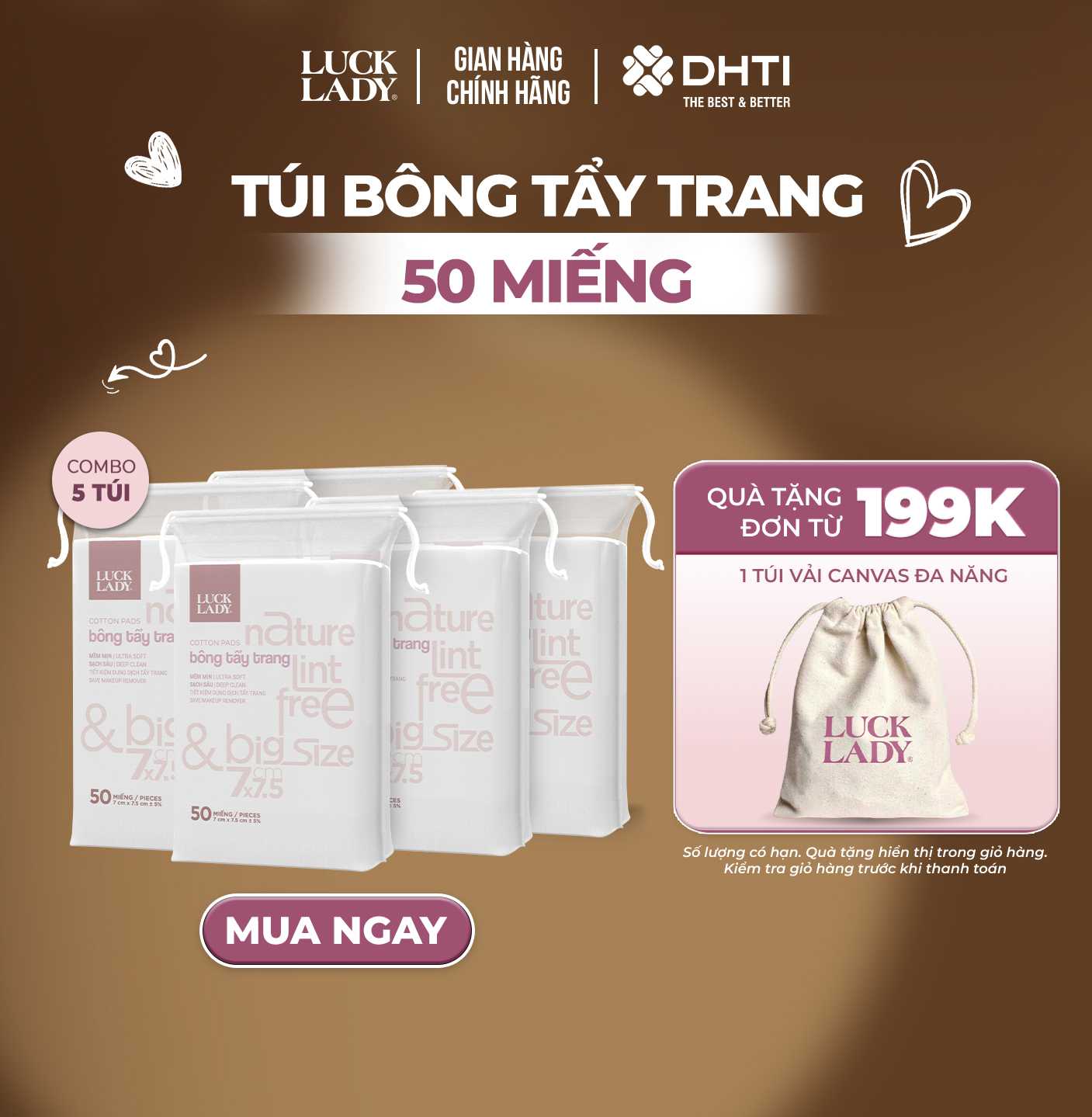 Combo 5 Bông tẩy trang Luck Lady dạng túi rút 50 miếng