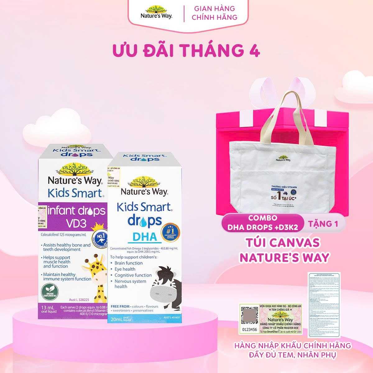 Combo 2 Sản Phẩm Nautre's Way Kids Smart Drops DHA và Nature's Way Kids Smart Drops VD3 Dạng giọt