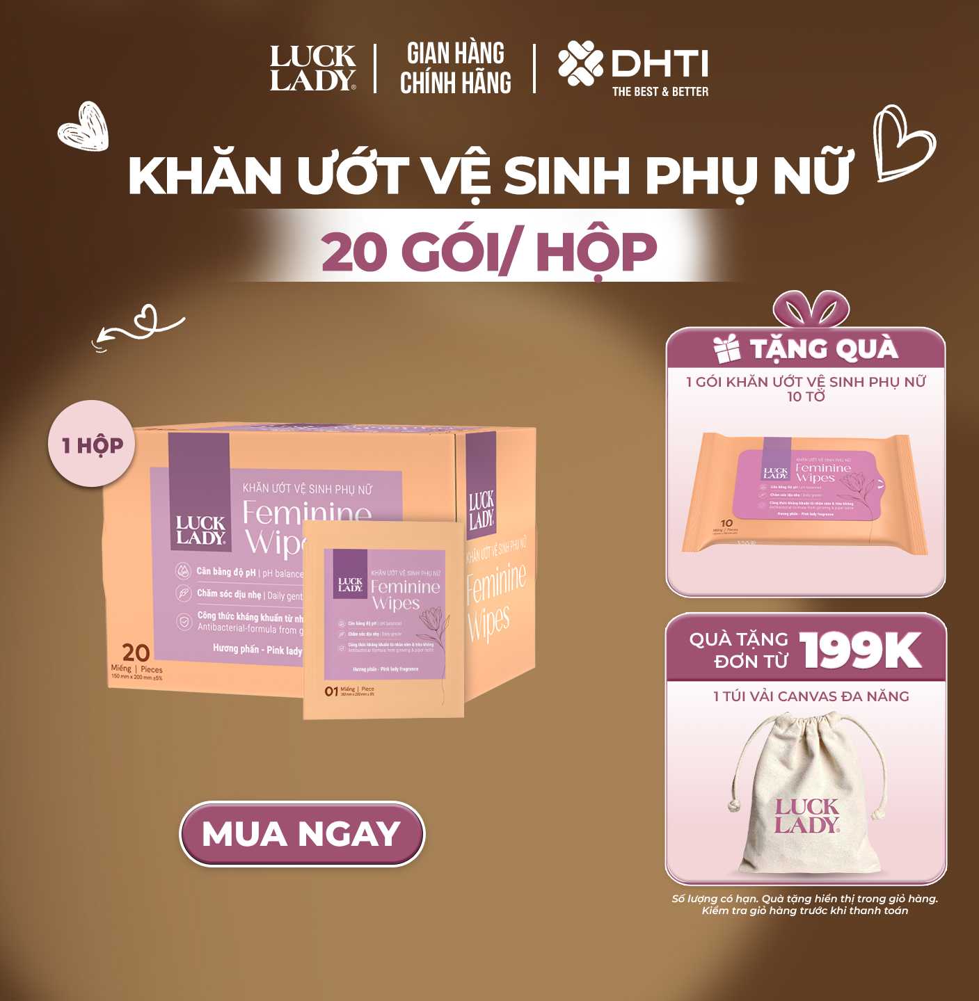 Khăn ướt vệ sinh phụ nữ Luck Lady (20 gói/hộp)