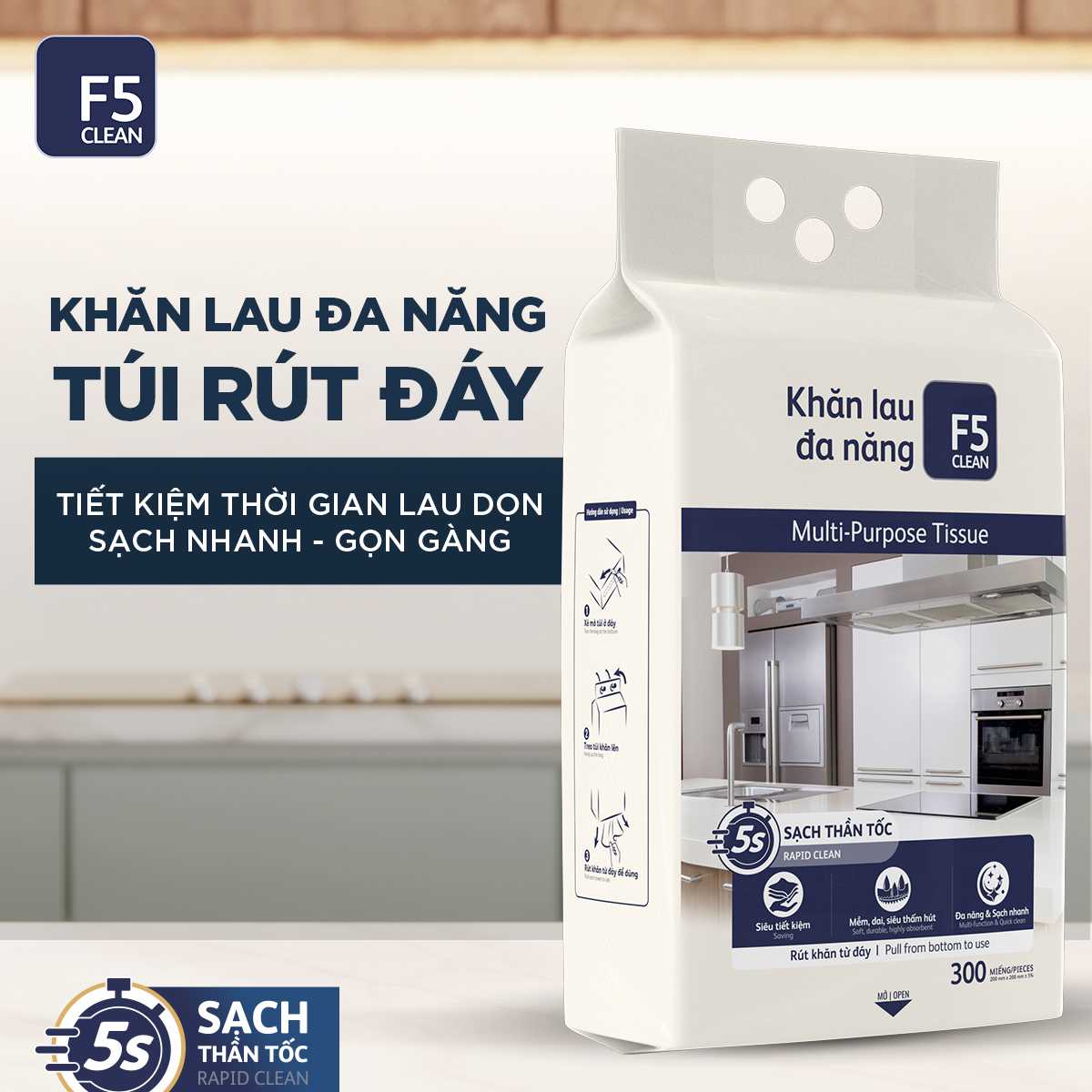 [GIÁ TRẢI NGHIỆM 1 TÚI KHĂN LAU BẾP 300 TỜ ] Khăn lau đa năng F5 Clean 300 tờ túi treo tường
