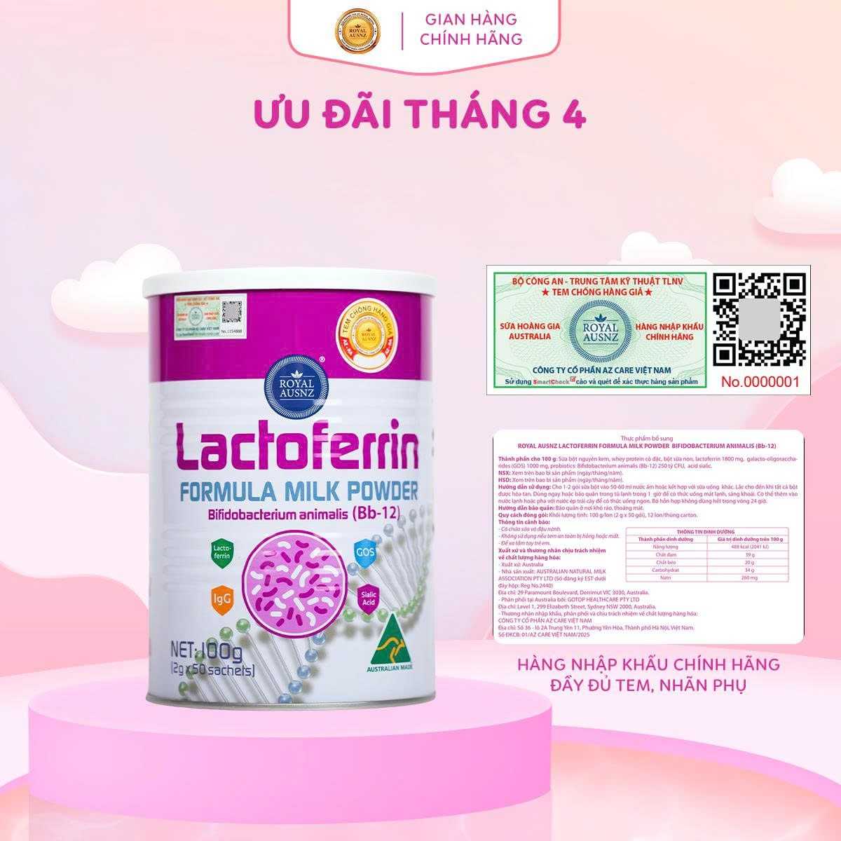 Lactoferrin Formula Milk  BB-12 Hồng Royal Ausnz Lon 100g