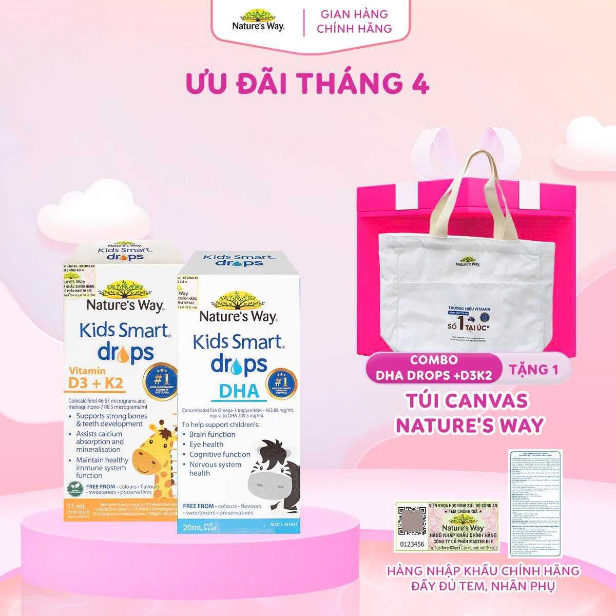 Combo 2 Sản Phẩm Nautre's Way Kids Smart Drops DHA và Nature's Way Kids Smart Drops D3K2 Dạng giọt
