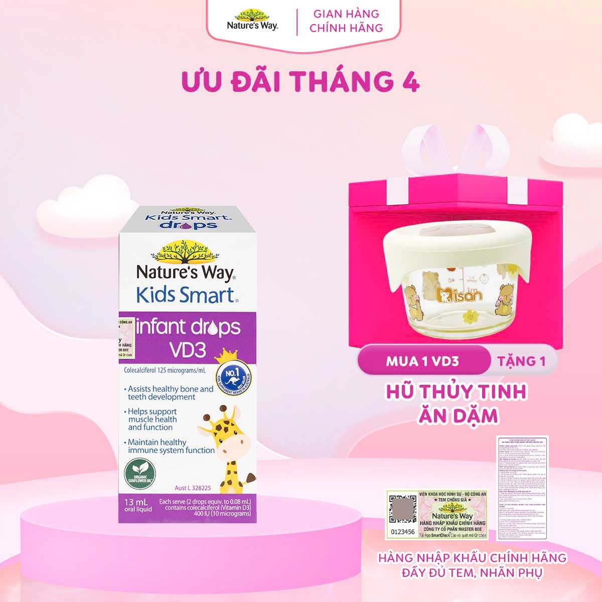 Vitamin D3 Organic Nature's Way, D3 Thuần cho Trẻ sơ sinh, D3 Tím Kids Smart Infant Drop VD3 - hộp 13ml